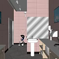Other Bathroom Interior With Pink Walls Large Mirror White Sink Cabinets And Stroller