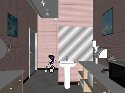 Other Bathroom Interior With Pink Walls Large Mirror White Sink Cabinets And Stroller 3d model