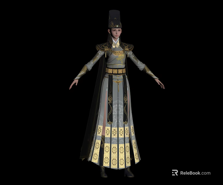 Traditional Attire Character With Ancient Official Hat And Gray Gold Robe Decorative Patterns 3d model 