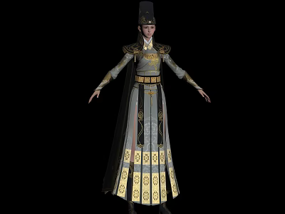 Traditional Attire Character With Ancient Official Hat And Gray Gold Robe Decorative Patterns 3d model
