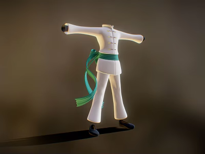 Traditional White Chinese Style Robe with Green Sash and Loose Pants Design 3d model