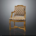 Classical Wooden Chair With Carved Armrests Legs And Geometric Pattern Upholstered Seat Backrest