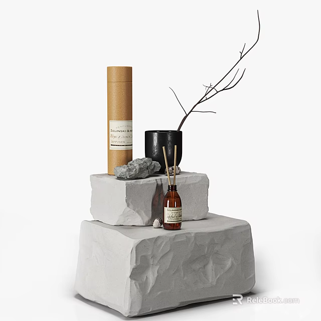 Natural Bathroom Accessories with Cylindrical Paper Tube Black Cup Twig Stone and Small Brown Bottle 3d model 