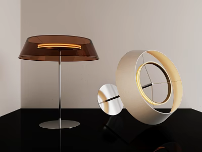 Modern Table Lamp With Brown Lampshade Metal Stand Circular Frame And Reflective Surface 3d model