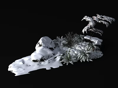 Snow Covered Courtyard Garden With Rocks And Lush Green Fern Plants 3d model