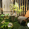 Cozy Lounge Area With Lush Green Plants Wooden Screens And Comfortable Seats