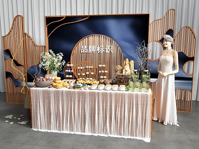 Delicious Dessert And Fruit Platter Display With Floral Decor Wooden Frames Brand Logo At Event 3d model