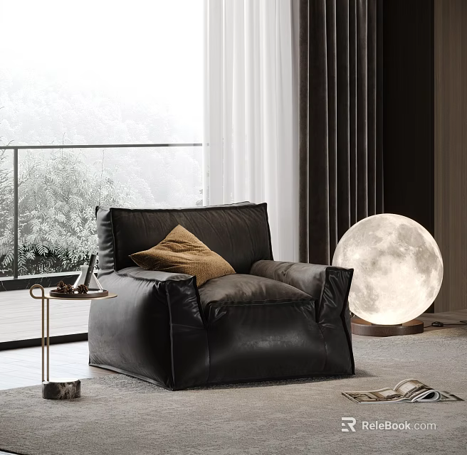 Black Leather Bean Bag Chair In Modern Living Room With Moon Shaped Lamp 3d model 