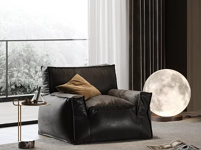 Black Leather Bean Bag Chair In Modern Living Room With Moon Shaped Lamp 3d model