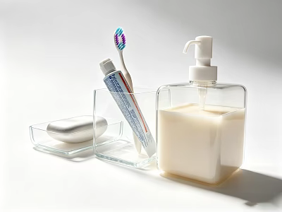 Essential Daily Washing Products With Toothbrush Toothpaste Hand Soap And Soap Dish 3d model