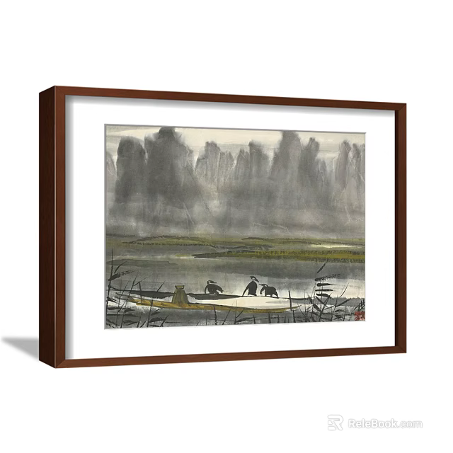 Traditional Chinese Landscape Painting With Misty Mountains River And Small Boat Figures 3d model 