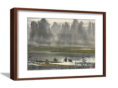 Traditional Chinese Landscape Painting With Misty Mountains River And Small Boat Figures 3d model