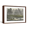 Traditional Chinese Landscape Painting With Misty Mountains River And Small Boat Figures