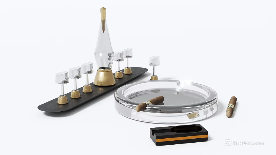 Decorative Ornament Set Featuring Crystal Glass Candle Holders Gold Base Black Tray And Cigar Ashtray 3d model 