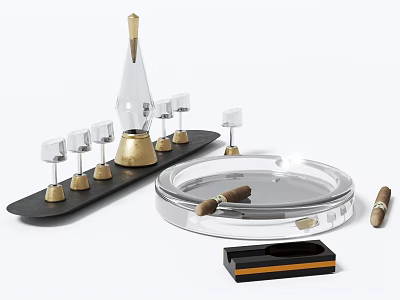 Decorative Ornament Set Featuring Crystal Glass Candle Holders Gold Base Black Tray And Cigar Ashtray 3d model