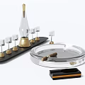 Decorative Ornament Set Featuring Crystal Glass Candle Holders Gold Base Black Tray And Cigar Ashtray
