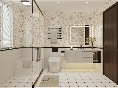 Modern Bathroom Interior With Open Shower Patterned Tiles White Vanity Mirror And Plants 3d model