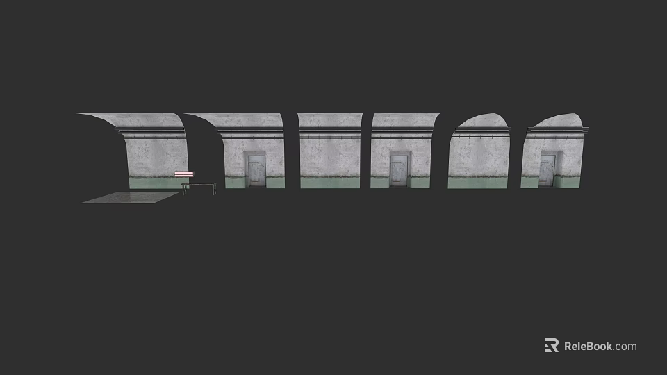 Detached Villa Exterior Featuring Arched Doorways Gray Walls Green Trim And Steps 3d model 
