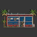 Small Building Featuring Blue Red Walls Black Roof Transparent Section Palm Trees and Green Plants