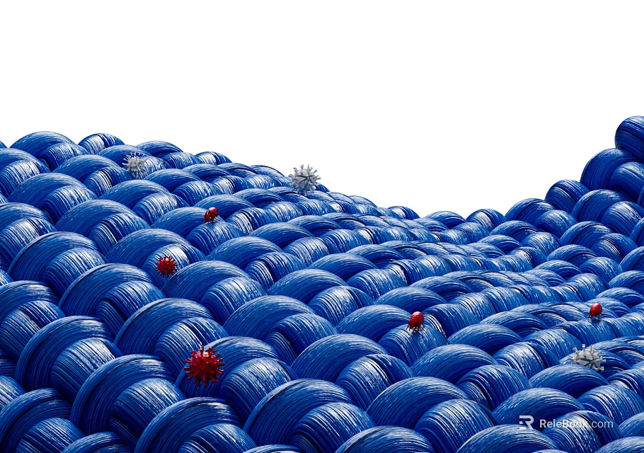 Blue Woven Wavy Structure With Red And White Particles 3D Rendering 3d model 