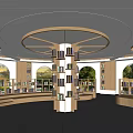 Book Art Display Space With Central Circular Bookshelf Arched Windows Green Plants And Natural Light