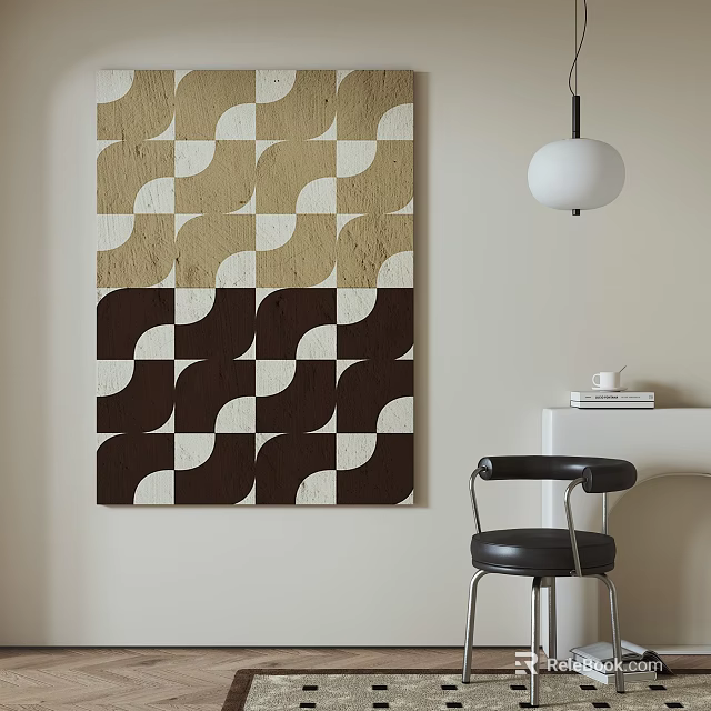 Geometric Wall Art Featuring Beige Brown White Patterns Black Bar Stool And Spherical Pendant Light 3d model