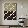 Geometric Wall Art Featuring Beige Brown White Patterns Black Bar Stool And Spherical Pendant Light 3d model