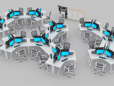 Modern Office Desk And Chair Sets In Open Workspace With Computer Monitors And Ergonomic Seating 3d model