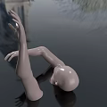 Mannequin Head Emerging From Water Surface With Raised Hands Against Green Plant Background And Ripples