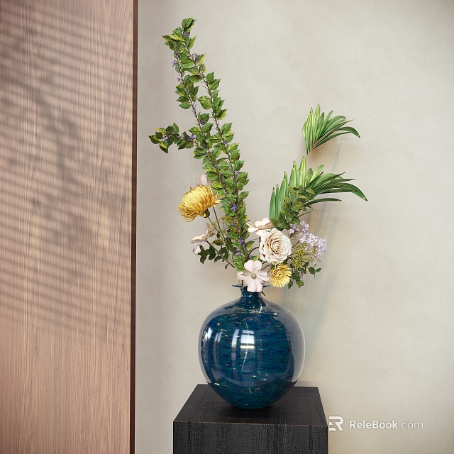 Decorative Flower Arrangement In Blue Vase With Yellow White Flowers And Green Leaves 3d model 