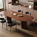 Modern Dining Table Set With Long Wooden Table And Black Leather Chairs In Open Kitchen