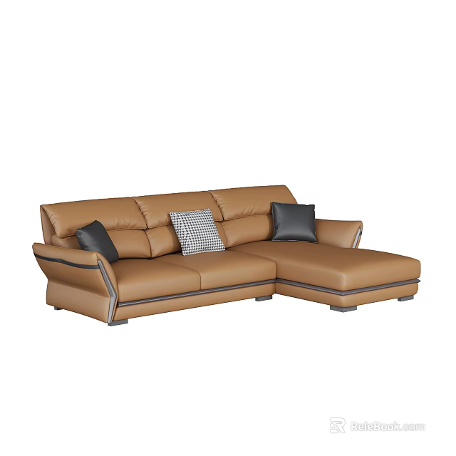 Brown Leather L Shaped Sofa Set With Black And Checkered Cushions 3d model