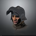 Armored Character With Medieval Metal Helmet Leather Neck Guard And Visible Face Headshot