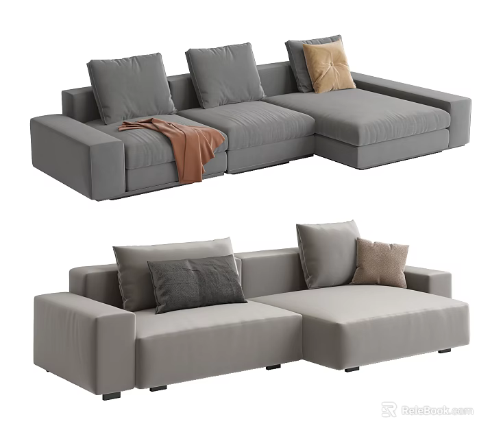 Modern Gray Sectional Sofa with Soft Pillows and Cozy Throw Blanket 3d model
