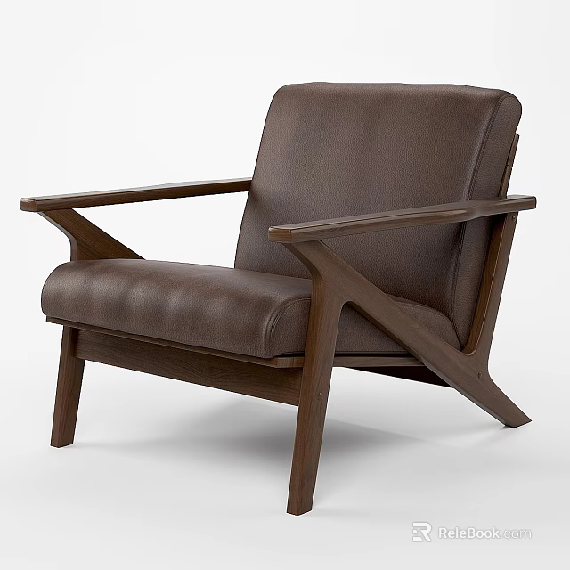 Brown Leather Leisure Chair With Modern Wooden Frame And Comfortable Seat 3d model 