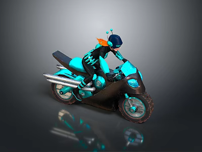 Futuristic Teal Motorcycle With Helmeted Rider Shiny Exhaust And Reflective Surface Design 3d model