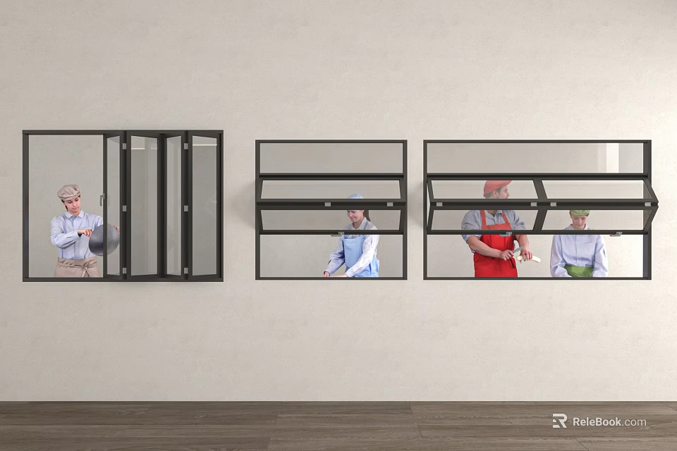 Wall Mounted Display Cases With Three Sections Featuring Figures In Different Outfits 3d model