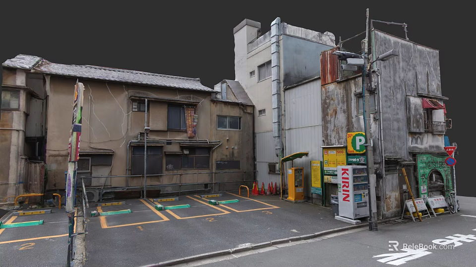Urban Buildings Surrounding Parking Lot With Old Structures And Kirin Sign 3d model 
