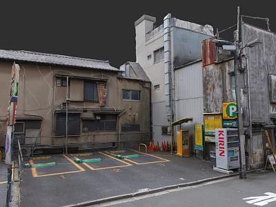 Urban Buildings Surrounding Parking Lot With Old Structures And Kirin Sign 3d model