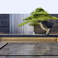 Garden Feature Wall With Stone Cladding Water Curtain And Bonsai Pine Decoration