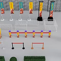 Event Fence Setup With Yellow Banners Red Barriers And Purple Flower Bouquets