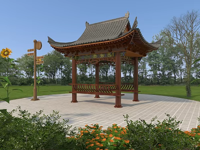 Chinese Traditional Wooden Pavilion In Park With Green Lawn And Flower Beds 3d model