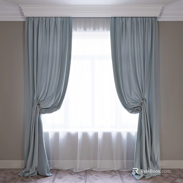 Light Blue Elegant Curtains With Tied Back Design And Double Layer Soft Fabric 3d model
