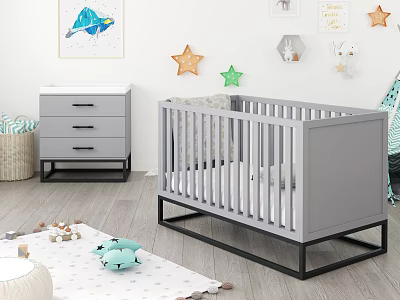Gray Baby Crib with Black Frame in Nursery Room with Star Decorations and Gray Dresser 3d model