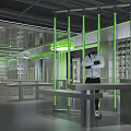 Modern Retail Store Interior With Metal Display Racks And Green Accent Lighting