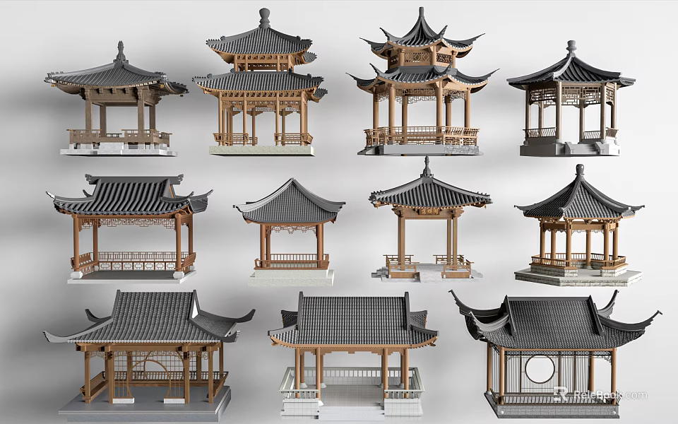 Traditional Chinese Garden Pavilion Models Featuring Various Wooden Frames Overhanging Eaves And Tiled Roof Designs 3d model 