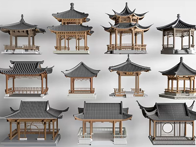 Traditional Chinese Garden Pavilion Models Featuring Various Wooden Frames Overhanging Eaves And Tiled Roof Designs 3d model