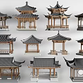 Traditional Chinese Garden Pavilion Models Featuring Various Wooden Frames Overhanging Eaves And Tiled Roof Designs