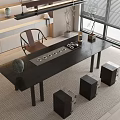 Modern Black Tea Table And Chairs With Elegant Tea Setup Natural Light Green Plants