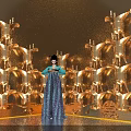 Elegant Figure In Elaborate Attire Amid Ornate Golden Structures And Intricate Decorations